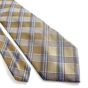 Banana Republic‎ Gold Tan Blue Plaid Woven Wide Silk Tie